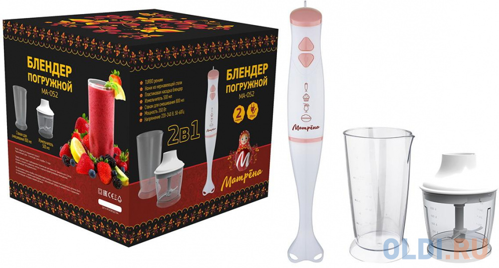 БЛЕНДЕР ПОГРУЖНОЙ "МАТРЁНА" МА-053N, 350 ВТ, 2 СКОР. (ИЗМЕЛЬЧИТЕЛЬ+СТАКАН ДЛЯ СМЕШИВ.+ВЕНЧИК) (1/8)